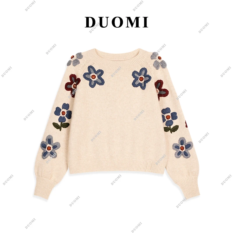 【DUOMI】慵懒风设计感立体花朵圆领套头杏色针织毛衣女DD-0715