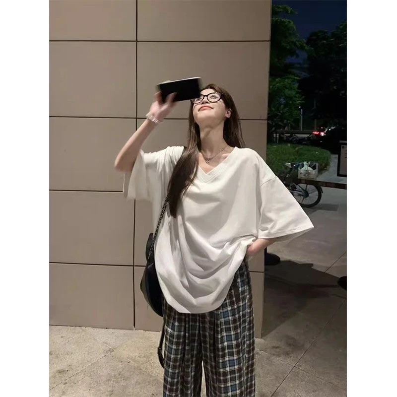 大码白色慵懒风短袖T恤女2025夏季胖mm宽松休闲显瘦V领上衣-6152