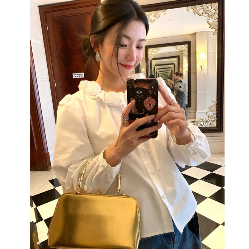 重工立体花朵白色衬衫女2025早春新款宽松设计感小众独特别致上衣