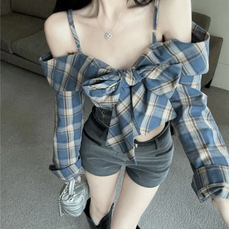 蝴蝶结长袖格子衬衫女秋季辣妹一字肩吊带上衣高级感法式露肩衬衣