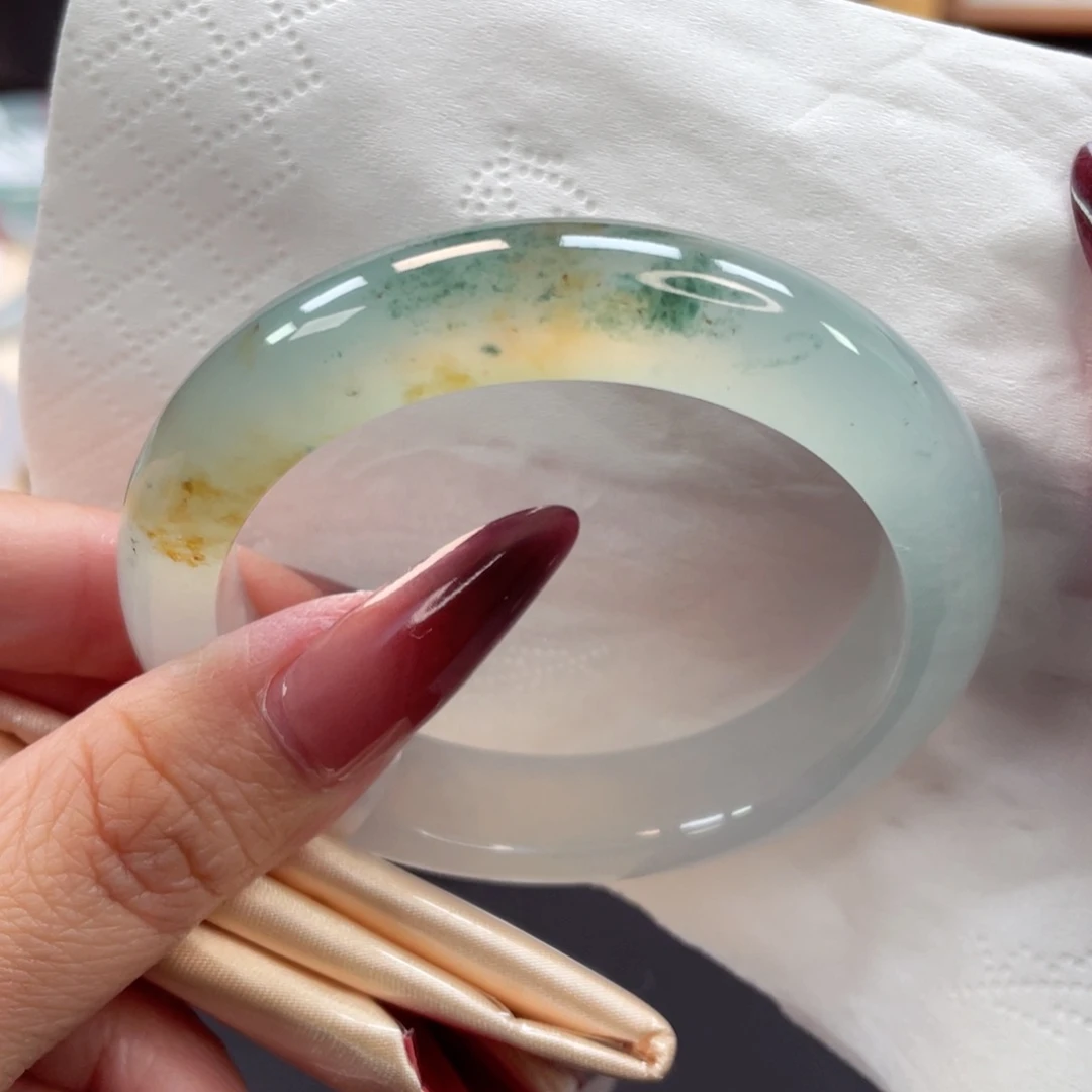 未镶嵌手镯翡翠59号52.3高冰起光黄加绿微瑕