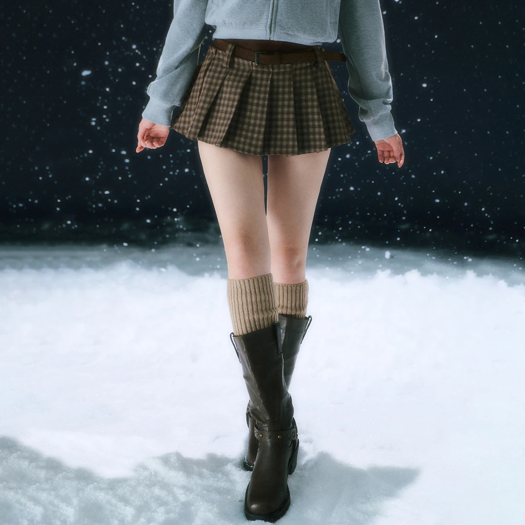 WEEKEND HUB美式复古配腰带学院风格纹百褶短裙25420D007S