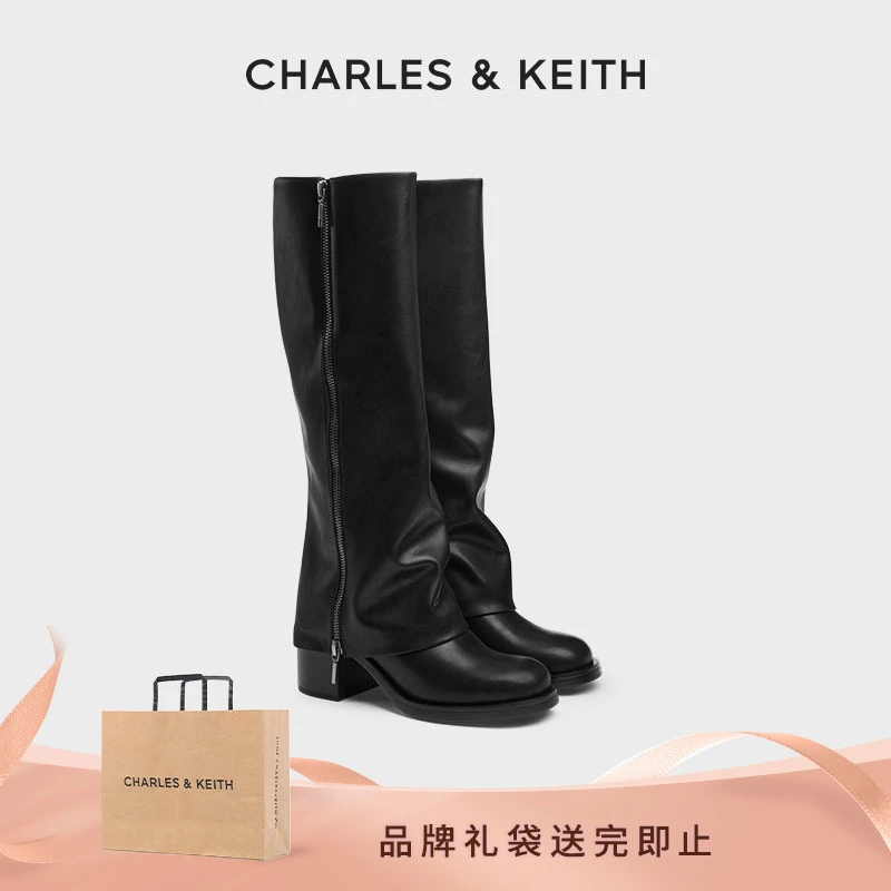 CHARLES & KEITH【琥珀流光】拉链长筒裤管靴粗跟女靴CK1-90580191