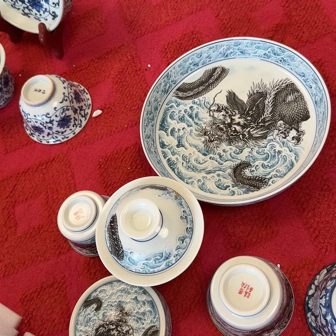 杯景德镇蓝墨龙游海五件套