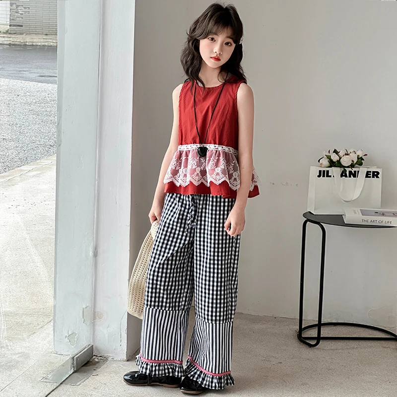 女童夏季格子碎花套装2025新款中大童洋气休闲复古上衣套装韩版