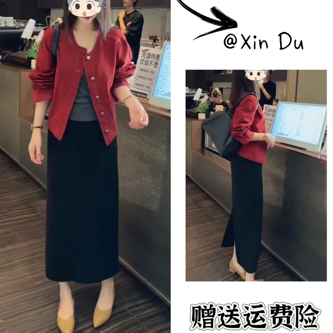 2025秋季新款时尚显瘦气质女士网红洋气两件套百搭款D22386