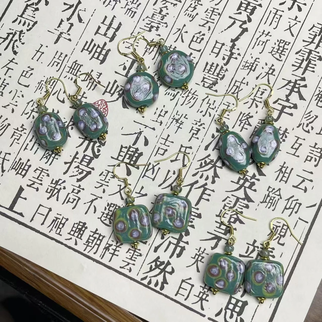 合金耳饰 LZ7089-2绿色波点扁珠琉璃耳环 孤品合集