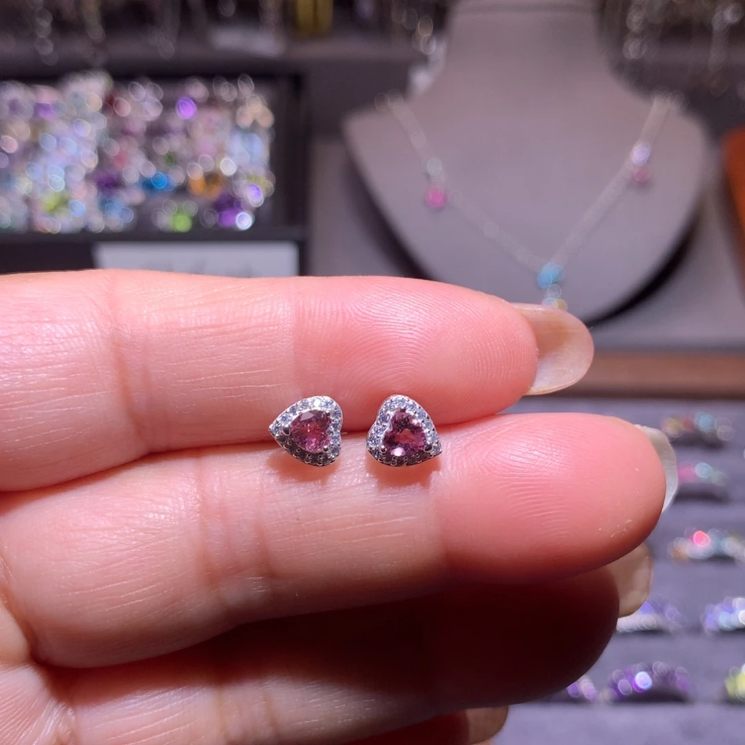 ****虎耳钉）银S925镶嵌碧玺