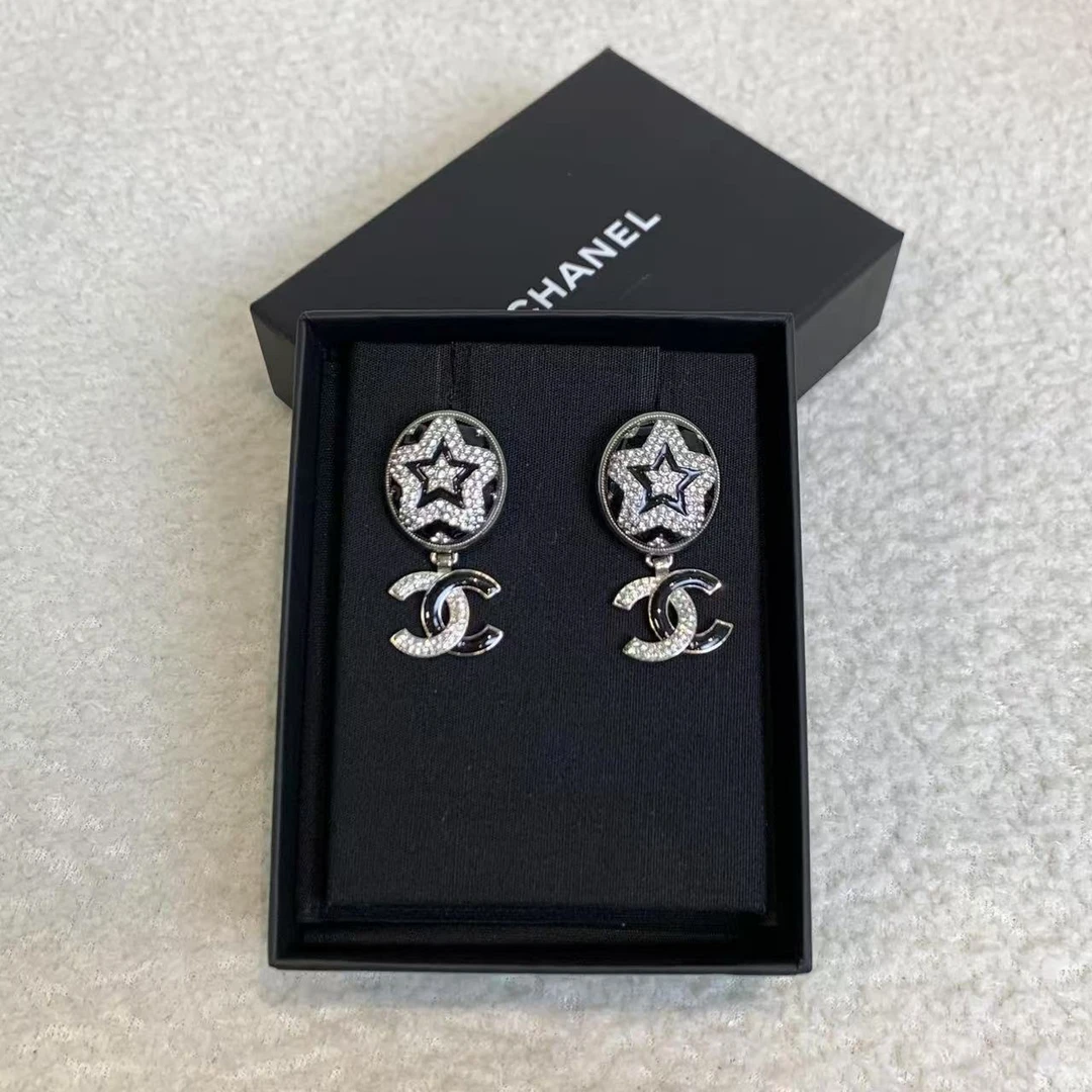 99新 Chanel/香奈儿 壹臻/23k黑色珐琅水钻星星双c耳环 23255829