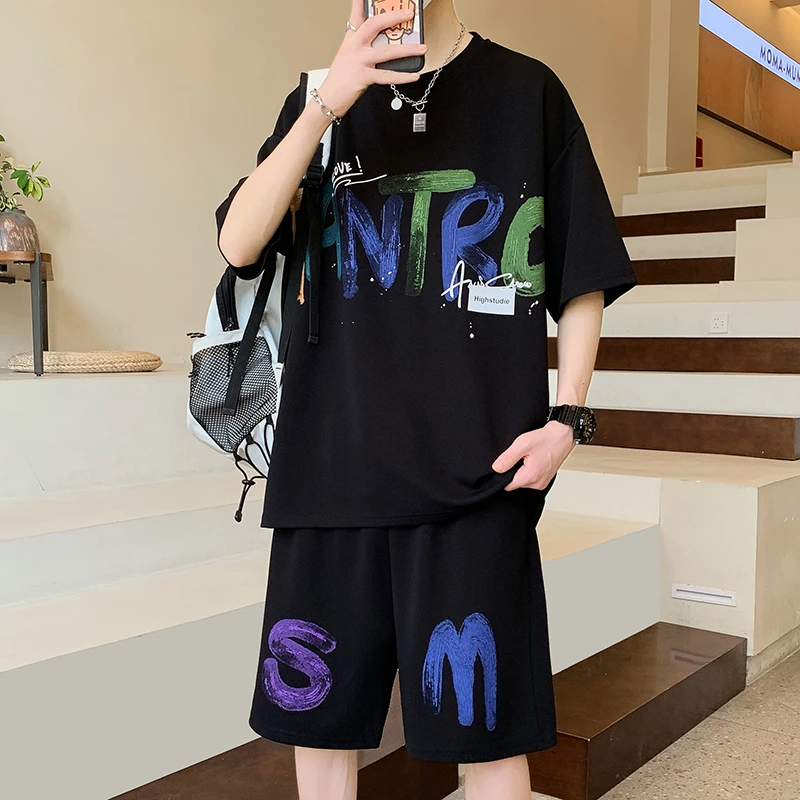 男士短袖t恤夏季薄款休闲套装宽松青少年学生男孩运动两件套衣服