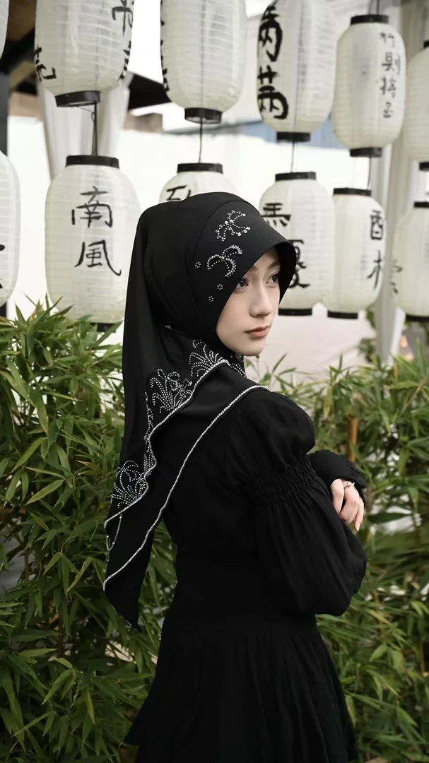 黛西｜慕夏 不支持退换爆款头巾双层雪纺花边烫钻设计款