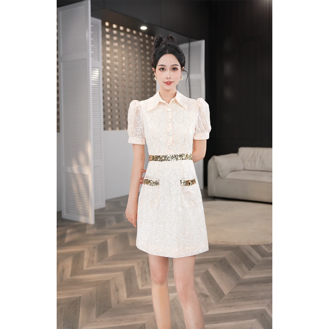 【lulu定制】轻奢法式提花短袖常规显瘦纯色设计感小众连衣裙21639