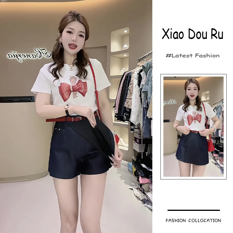 夏季流行穿搭一整套新款2025韩系百搭简约印花短袖高腰裙裤两件套