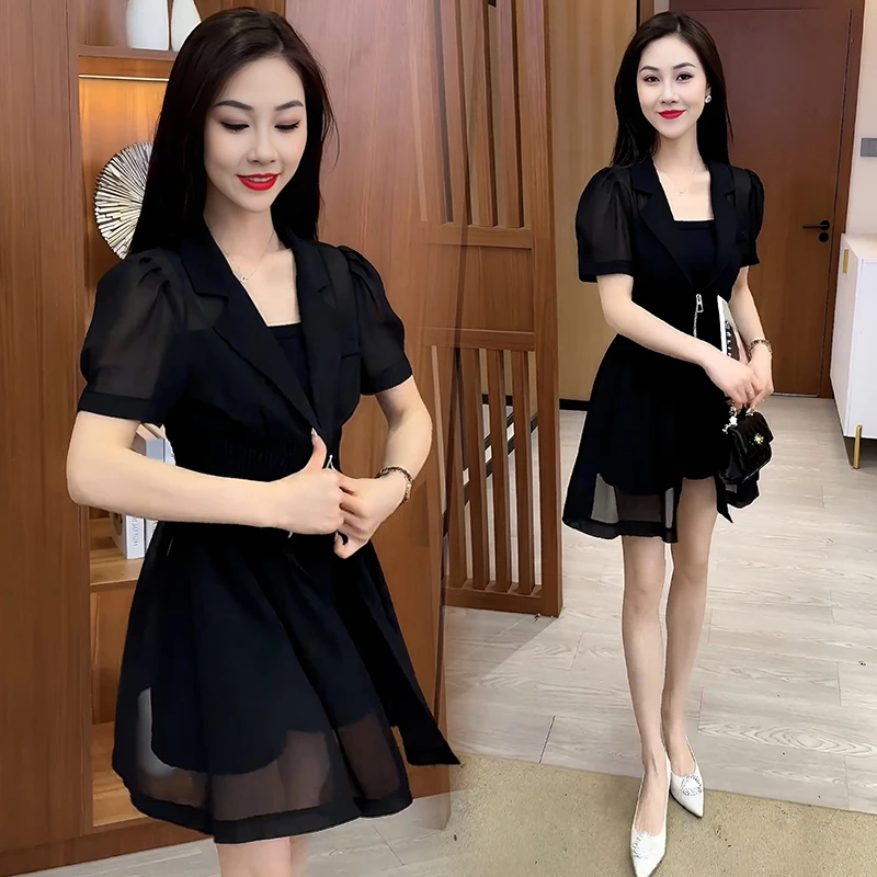 时尚通勤套装裙女2025夏季新款翻领泡泡袖衬衫阔腿短裤背心三件套