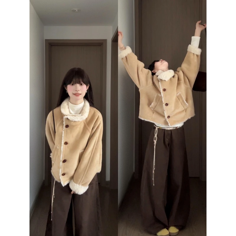 MARIE.COCO秋冬季韩系复古羊羔毛外套女搭咖色慵懒阔腿裤潮流套装