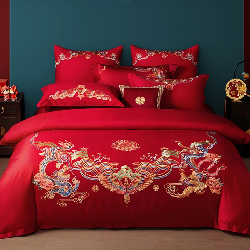 床上四件套大红色婚庆纯棉长绒棉全棉刺绣被套新婚高级感床品套件