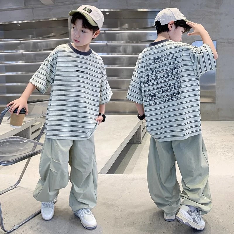 男童中大童条纹休闲套装时髦帅气春夏薄款短袖t恤+长裤儿童两件套