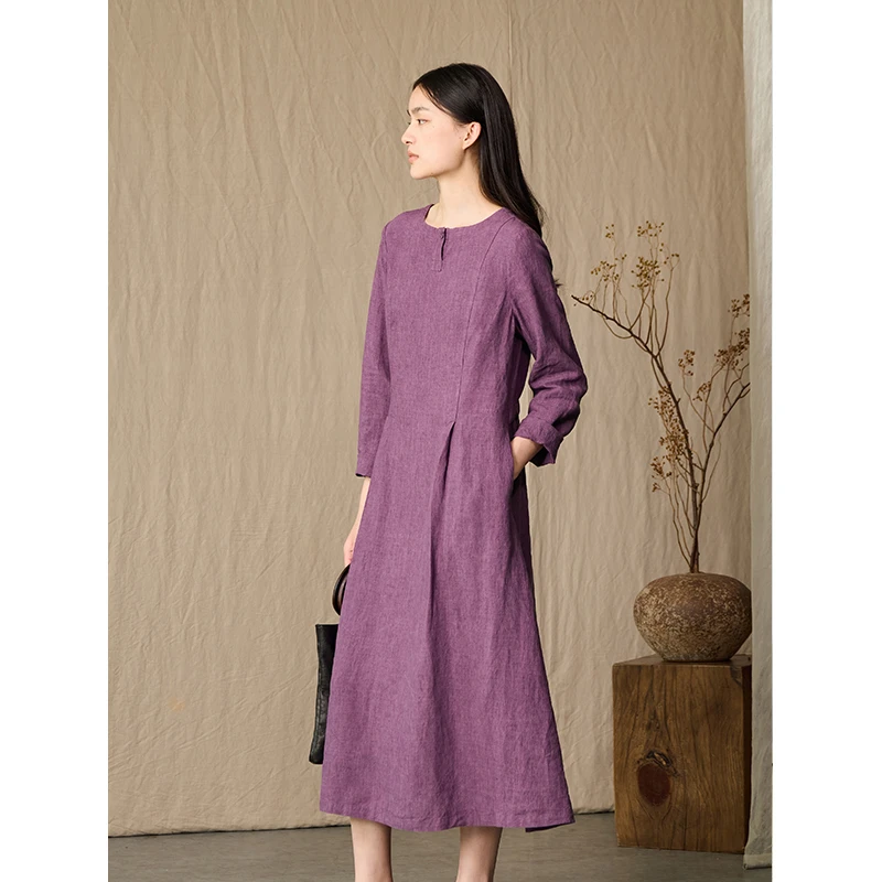 Q.TU裙子2025新款今年流行爆款4469圆领长袖30英支亚麻色织连衣裙