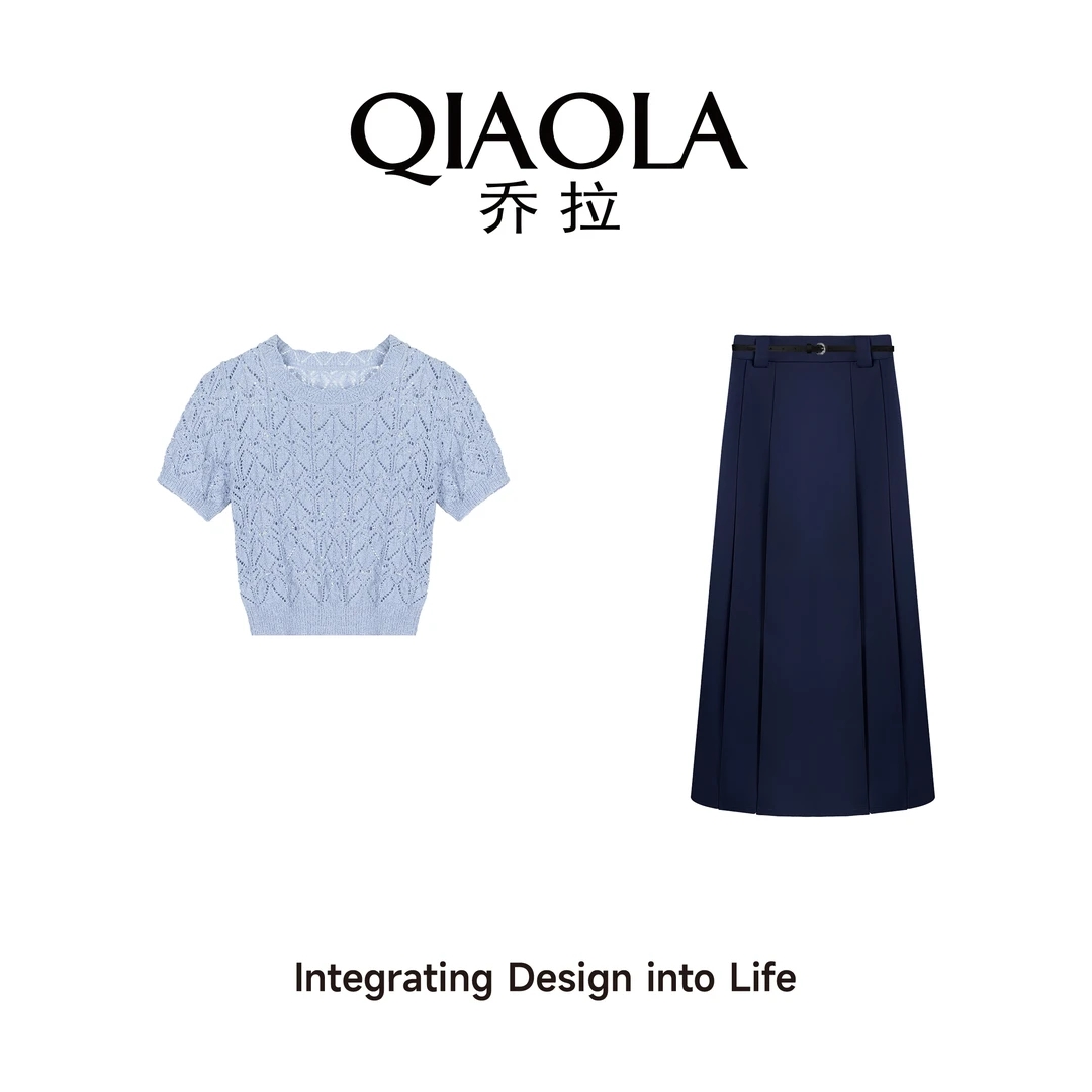 QIAOLA/乔拉【冰花海洋】夏季麦穗圈圈纱圆领学院风轻奢A版时尚套装