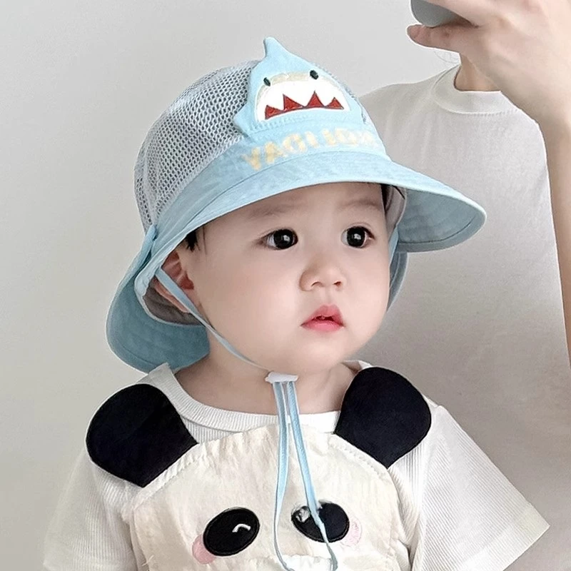 宝宝帽子夏季遮阳帽男女童渔夫帽婴儿大檐网眼披肩防晒太阳户外薄