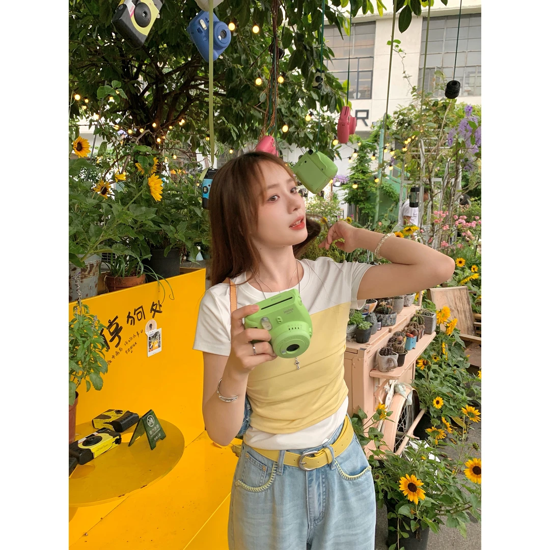 切糕自制【丝有浪漫】小个子夏季洋气女显瘦通勤时尚假两件短袖T恤