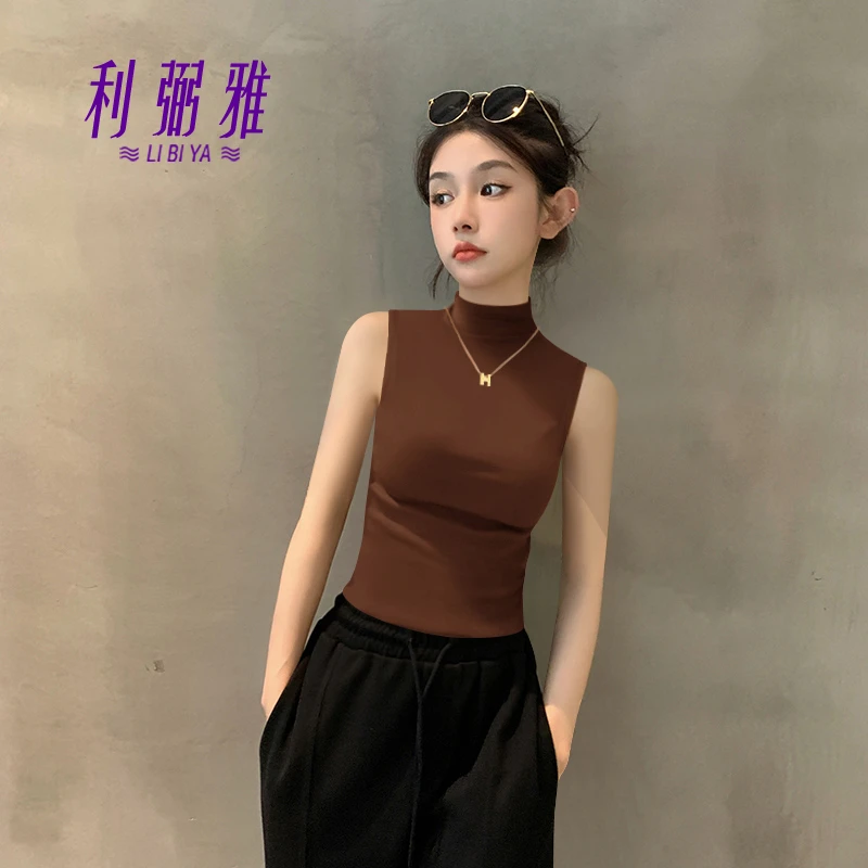 2025新款夏季薄款咖色半高领无袖背心女内搭外穿紧身中领针织上衣