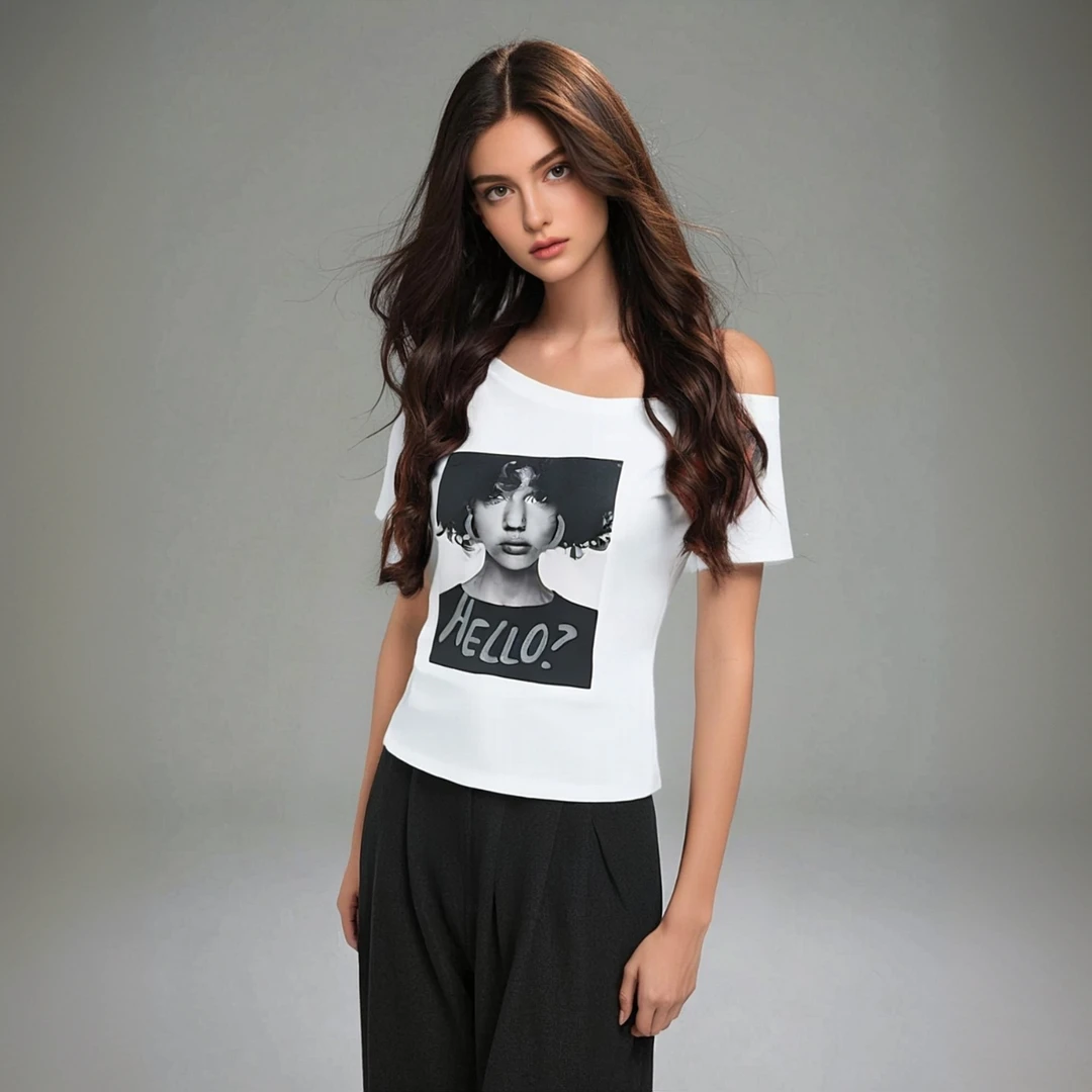 【欧美博主】夏日欧美女孩印花斜肩美式短袖上衣