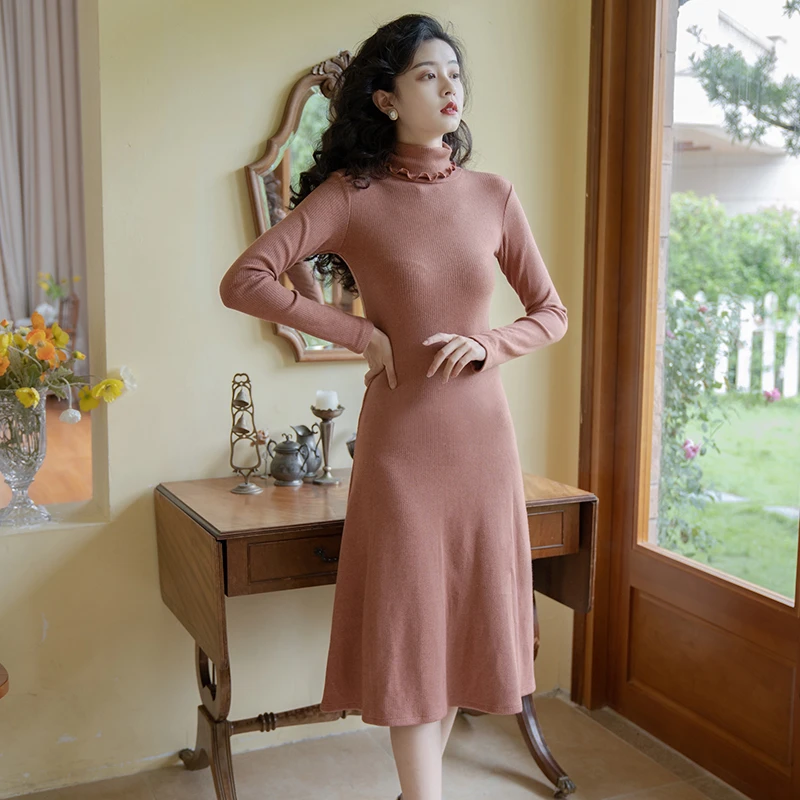 LAOXIAO服饰  黑色针织打底收腰法式时尚修身显瘦连衣裙9