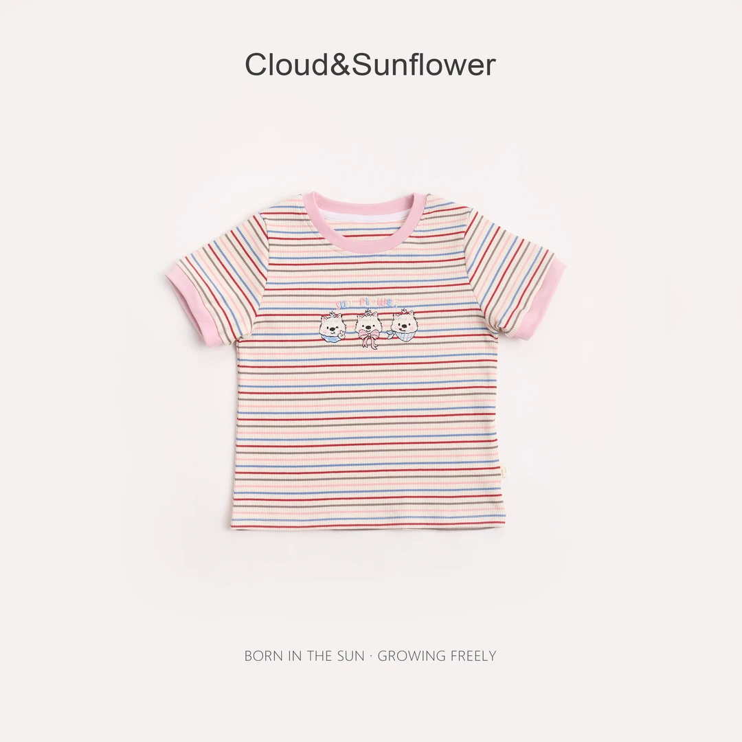 【云朵小葵】女童夏季三只小狗英文刺绣条纹百搭T恤991136
