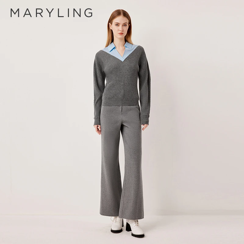 MARYLING玛俪琳2025秋季新品灰蓝色针织拼接衬衫上衣A1FGW26420