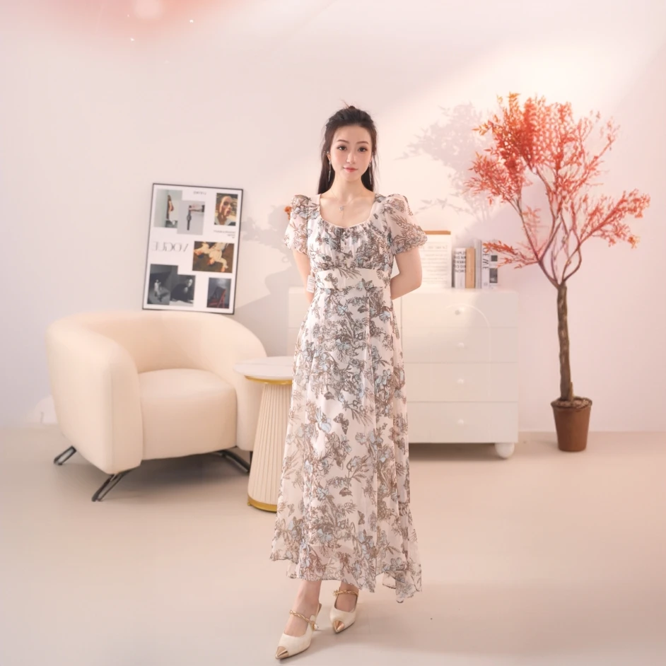 H251拉KD夏季桑蚕丝复古印花气质收腰真丝连衣裙女