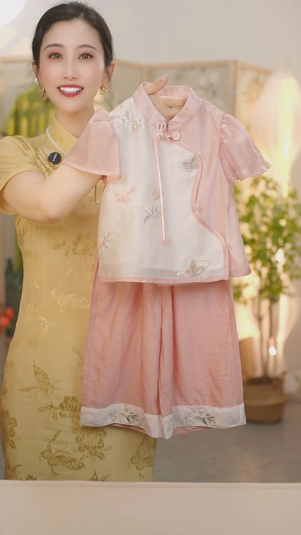 现货【粉黛】SC297女童夏季新中式蝴蝶刺绣短袖2025新款国风套装