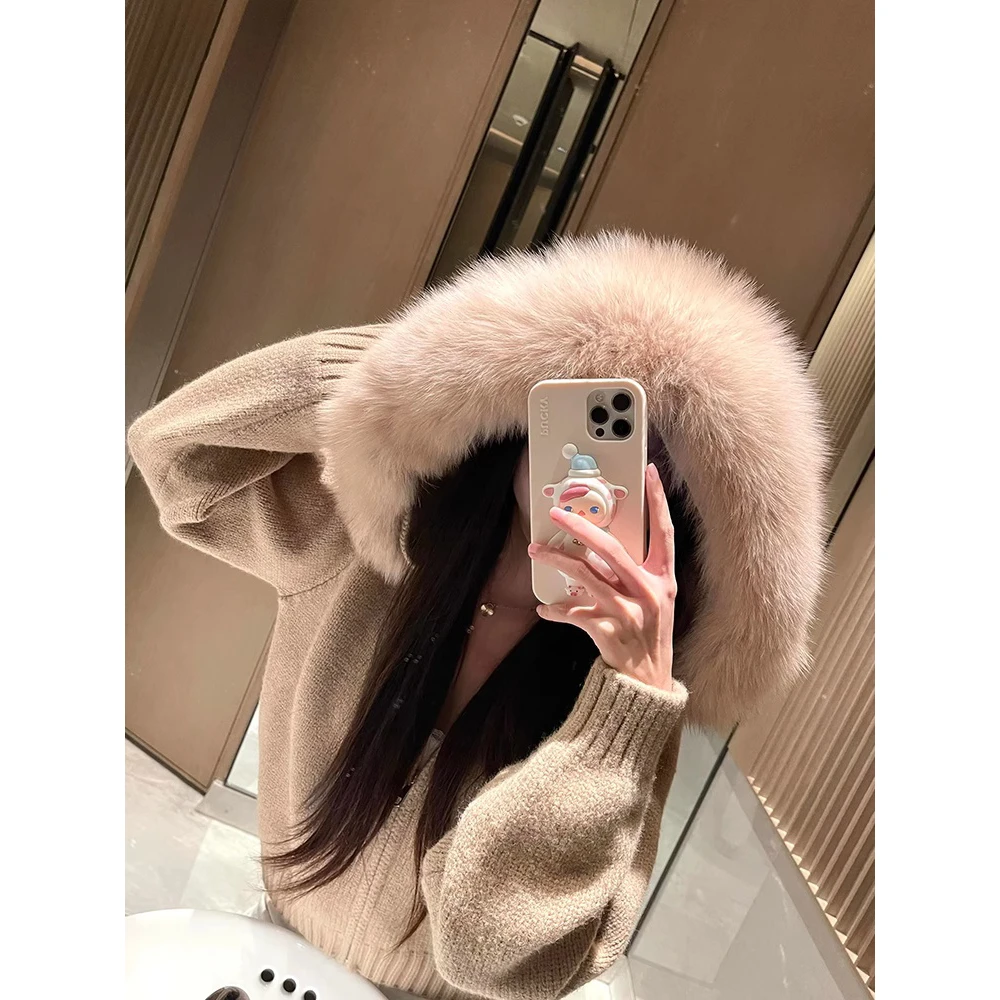 小香风毛衣外套连帽大毛领慵懒高级感加厚短款针织开衫 81290