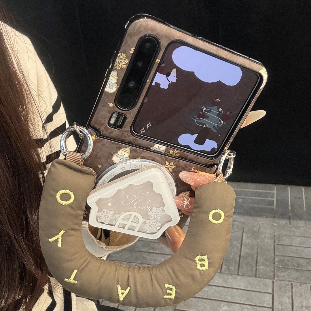 适用华为purax折叠屏手机壳棕色皮质pocket2雪花雪人磁吸支架手绳