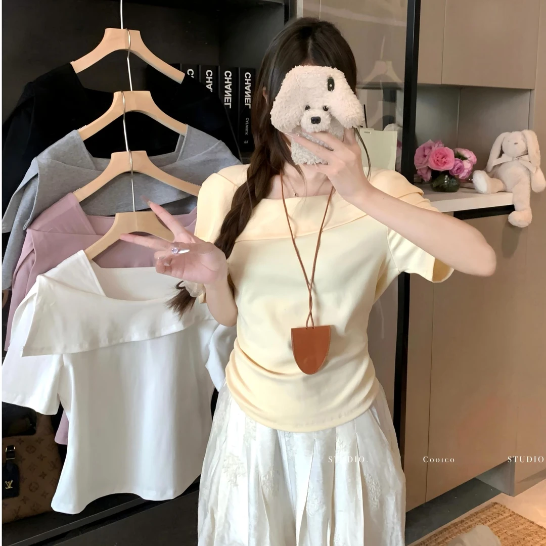 辣妈外出哺乳短袖大码纯欲甜美一字肩T恤遮肚显瘦产后喂奶上衣夏