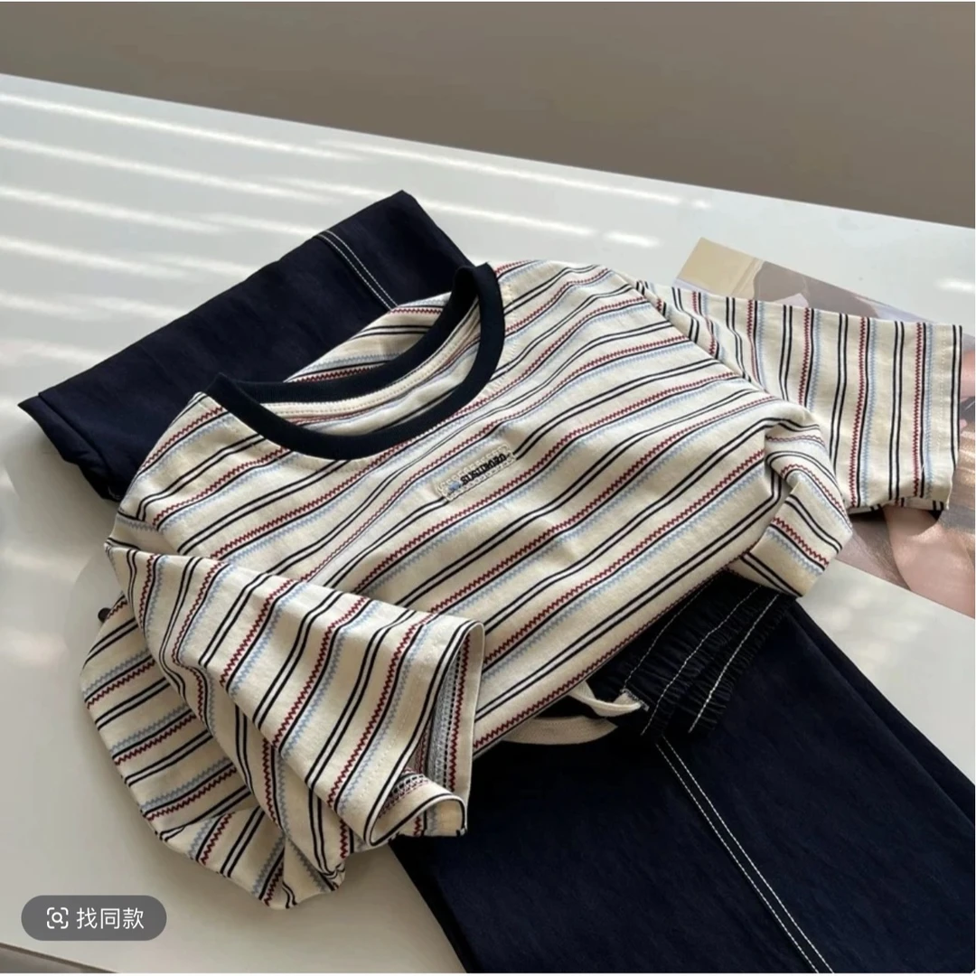 2025年夏季新款复古提花波浪条纹撞色圆领T恤女