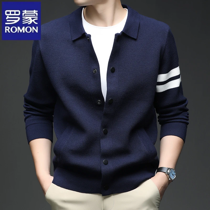 罗蒙商务绅士条纹翻领长袖针织开衫春秋季中青年韩版休闲毛衣外套