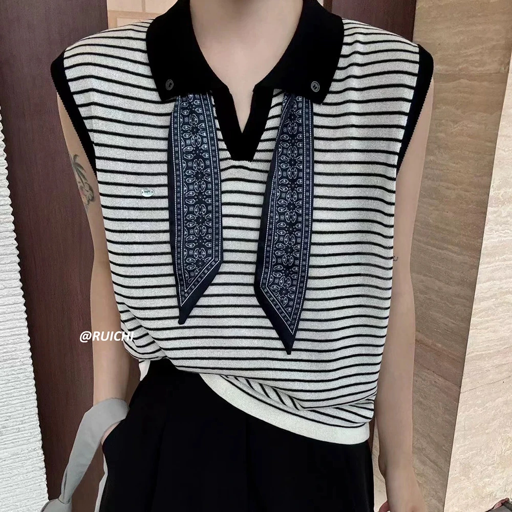 2025夏季韩系POLO翻领丝带金属小标设计感高级显瘦无袖针织衫上衣