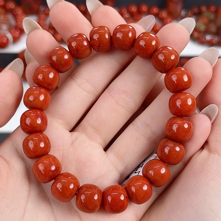 南红玛瑙未镶嵌瓦西柿子红火焰满肉11mm手串