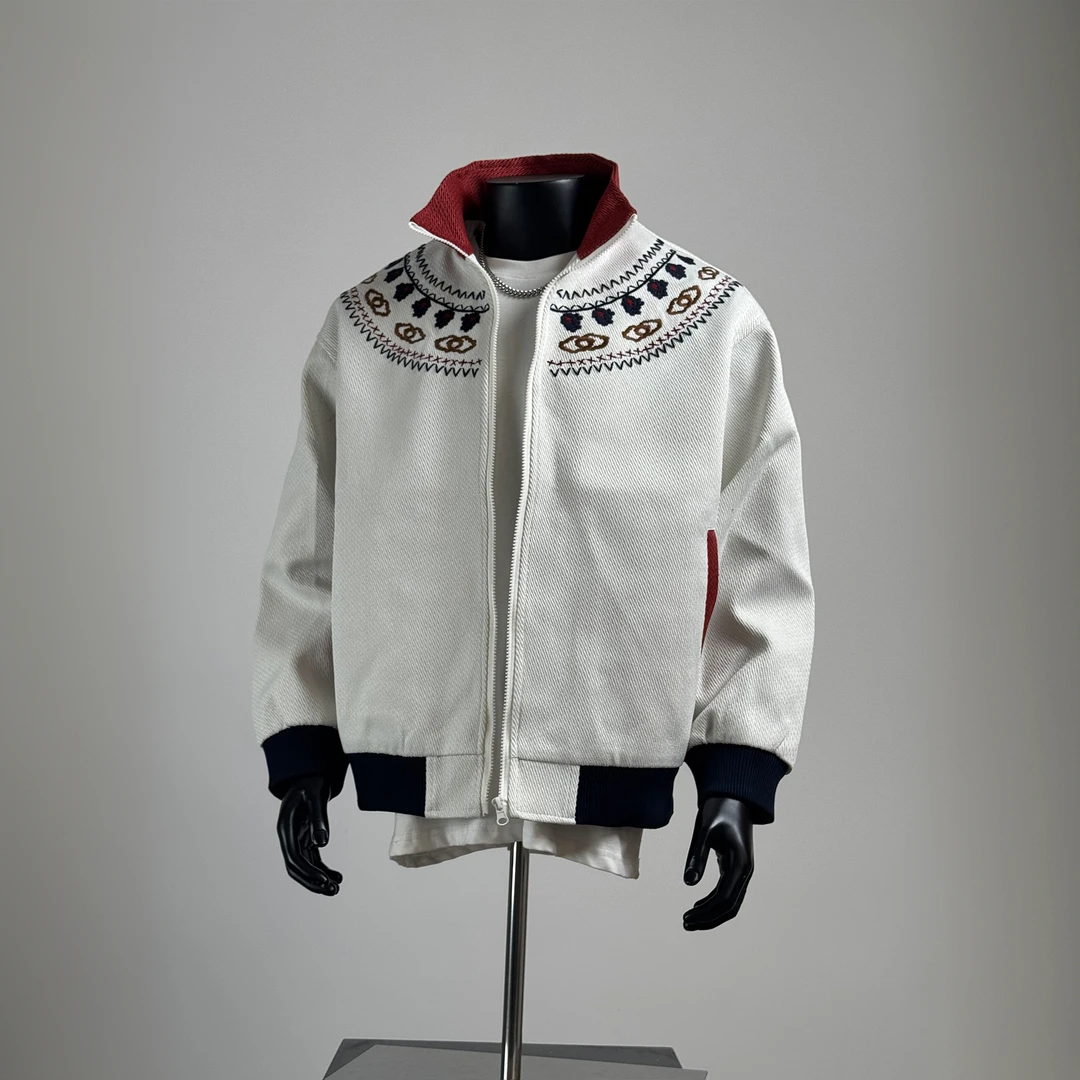 日系撞色民族风刺绣工装夹克男2025秋季立领百搭外套情侣休闲上衣