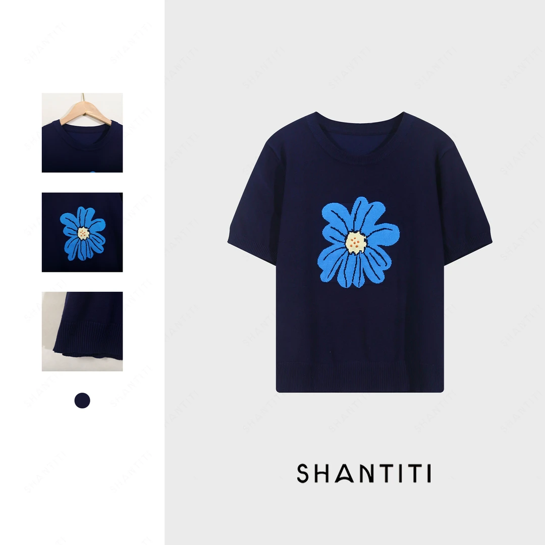 『韩版提花针织衫』女夏季薄款植物系短袖小衫 简约系百搭短袖t恤