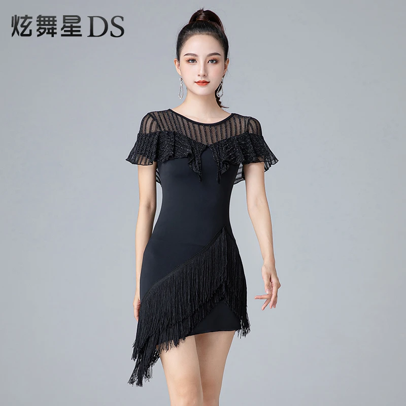 2025新款拉丁舞连衣裙性感流苏练功服套装网纱荷叶边交谊舞服高档
