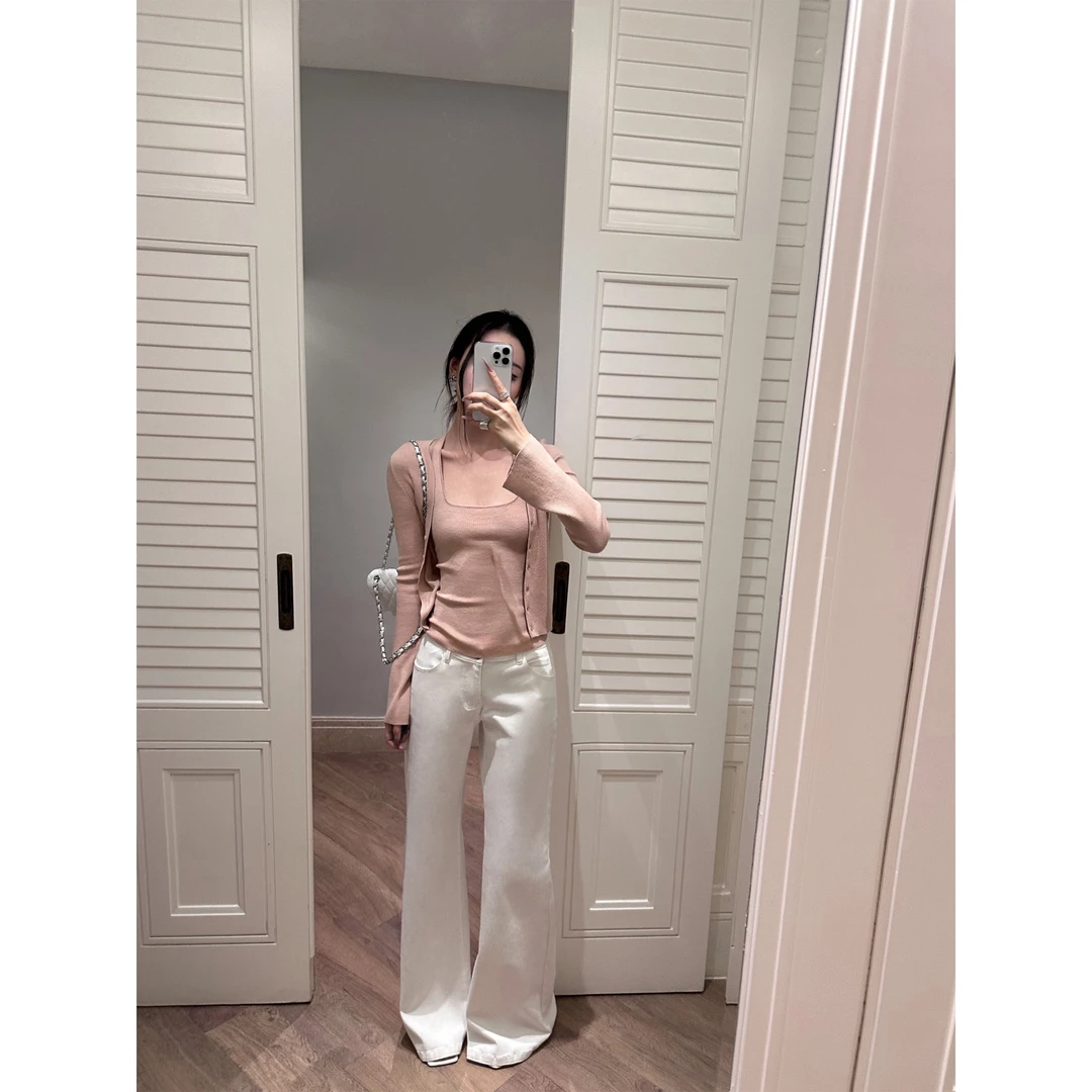 5werkwen针织开衫外套女秋冬长袖薄款挂脖背心紫色设计感两件套装
