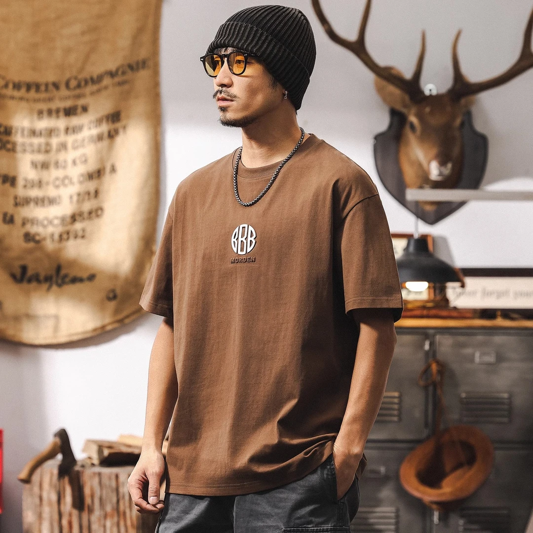 美式重磅复古纯棉T恤男短袖夏季2025新款潮流立体压花宽松上衣男