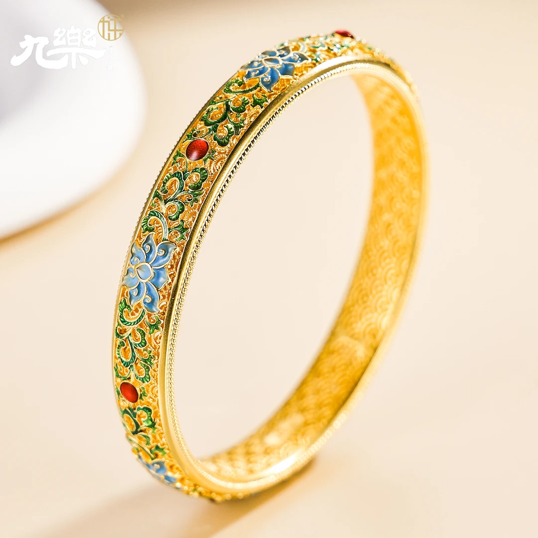 九乐金色花丝珐琅莲花宫廷风镶嵌闭口足银手镯气质百搭镯子