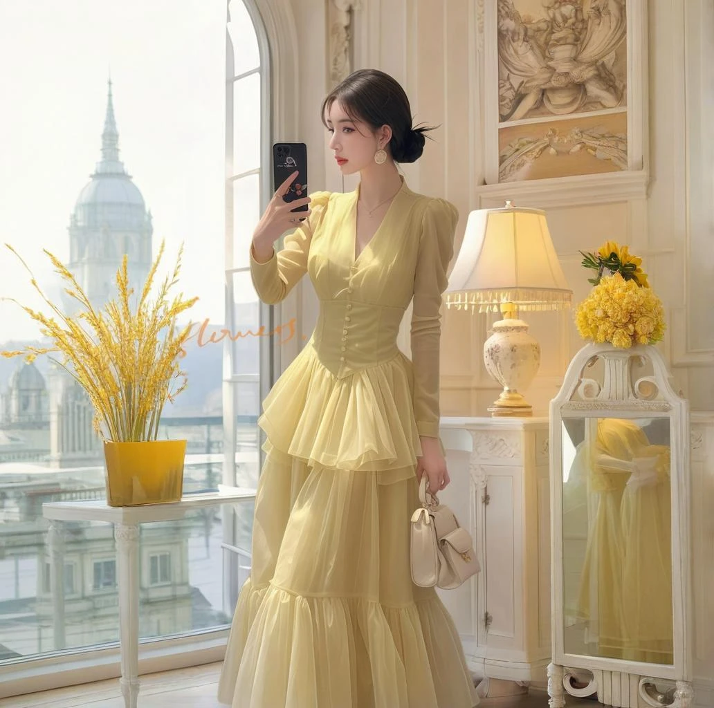2025年新款显瘦富家千金高级感穿搭嫩黄色V领长袖蛋糕连衣裙气质
