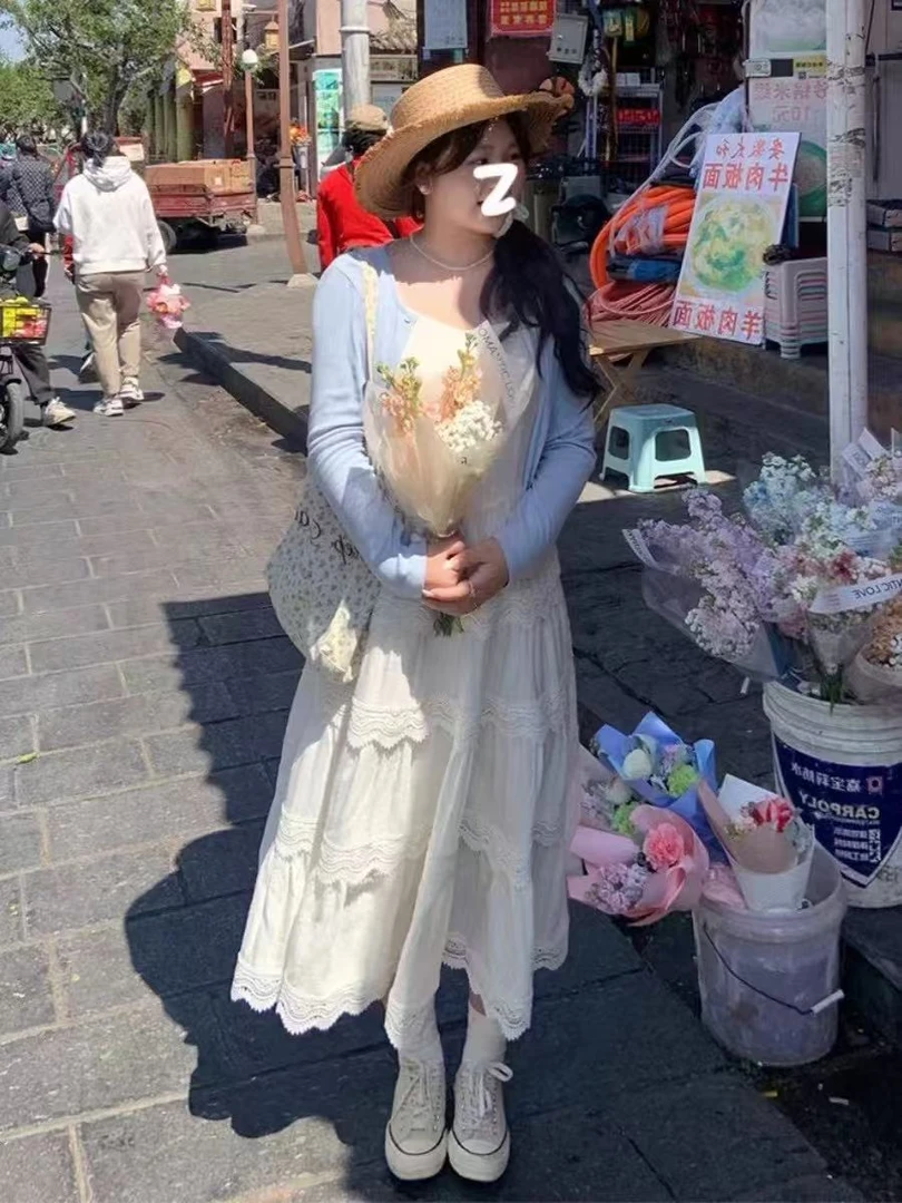 【蓝岛冰心】微胖mm韩版气质重工蕾丝拼接温柔甜美两件套连衣裙