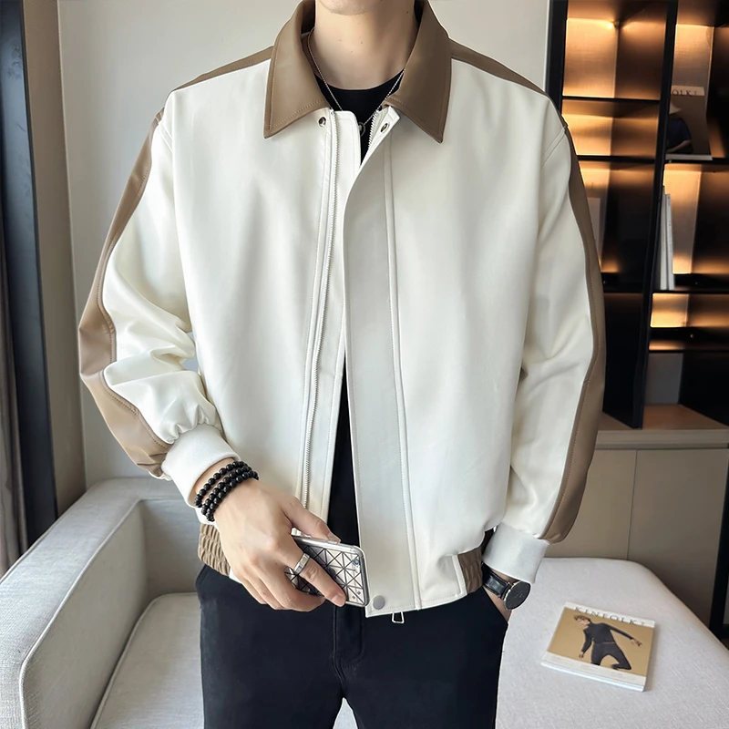 轻熟免洗pu皮皮衣翻领拼色休闲机车夹克外套男休闲男外套男士百搭