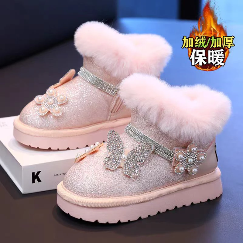 女童雪地靴2025冬款儿童保暖加绒鞋子女孩公主毛毛棉靴052