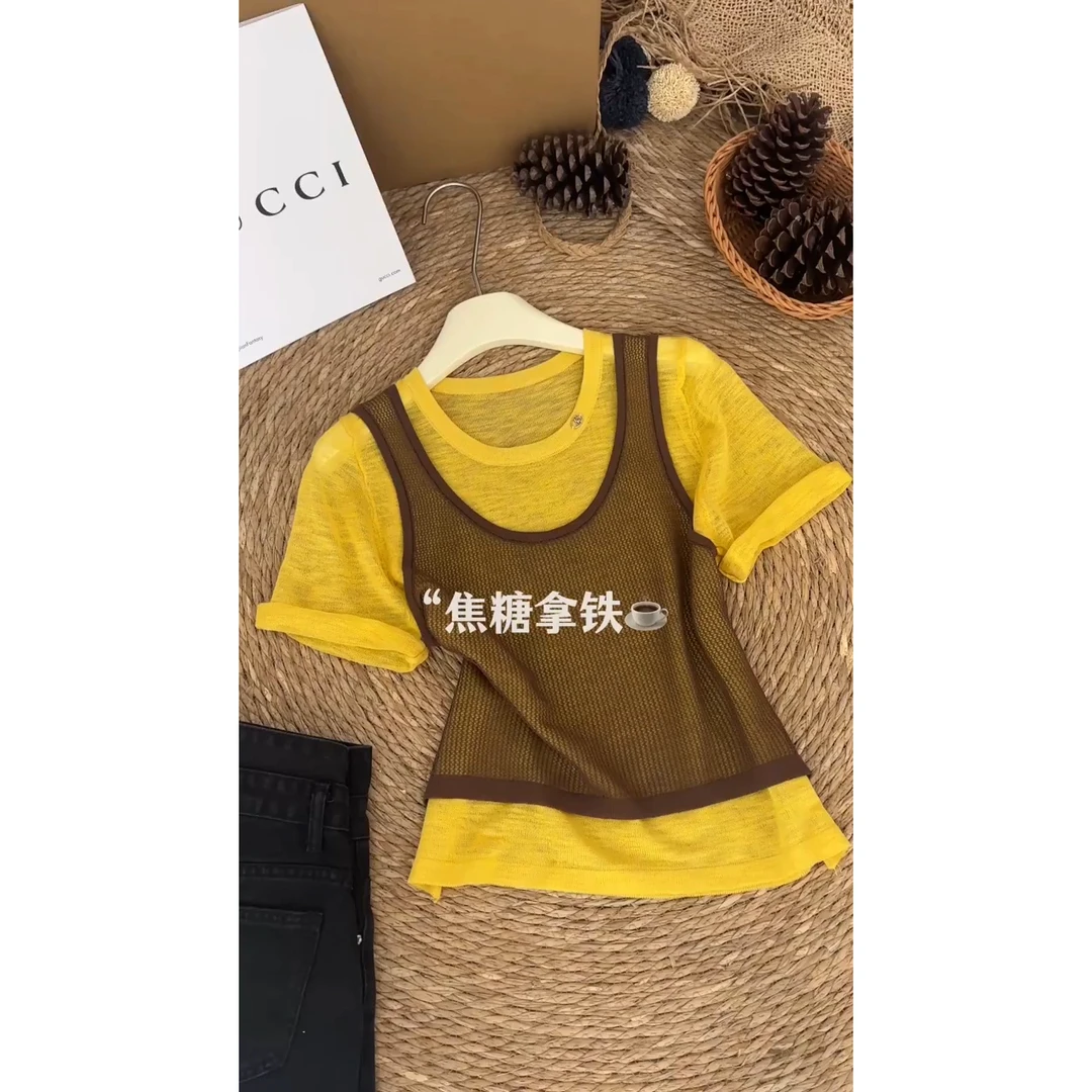 韩系独特绝美设计感小众上衣气质高级感黄色假两件针织t恤女夏季